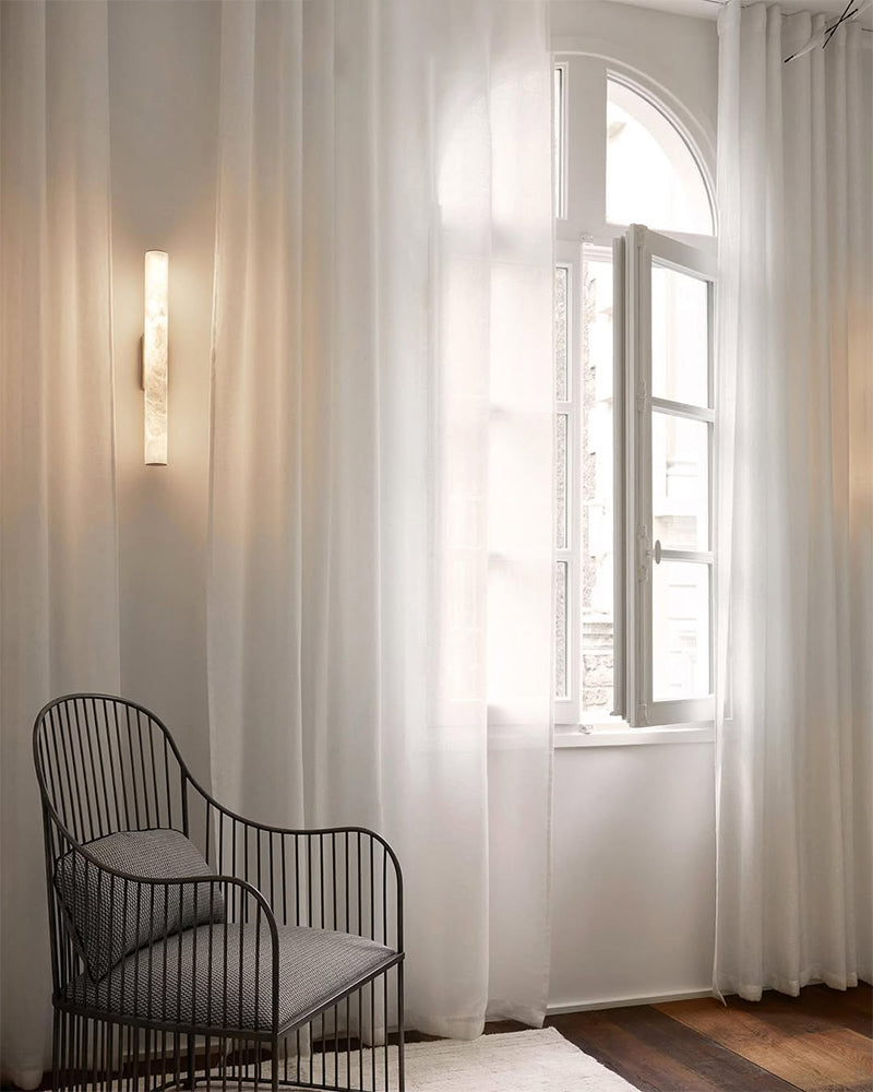 Callisto Linear Strip Long Wall Sconces Brass/Black Metal | Natural Marble Shade