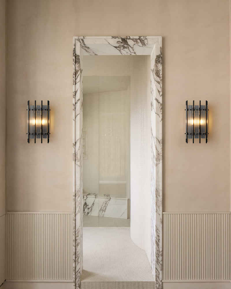 2/4/6 lights San Marco Tier Ribbed Glass Wall Sonces in Antiqued Brass/Black Steel