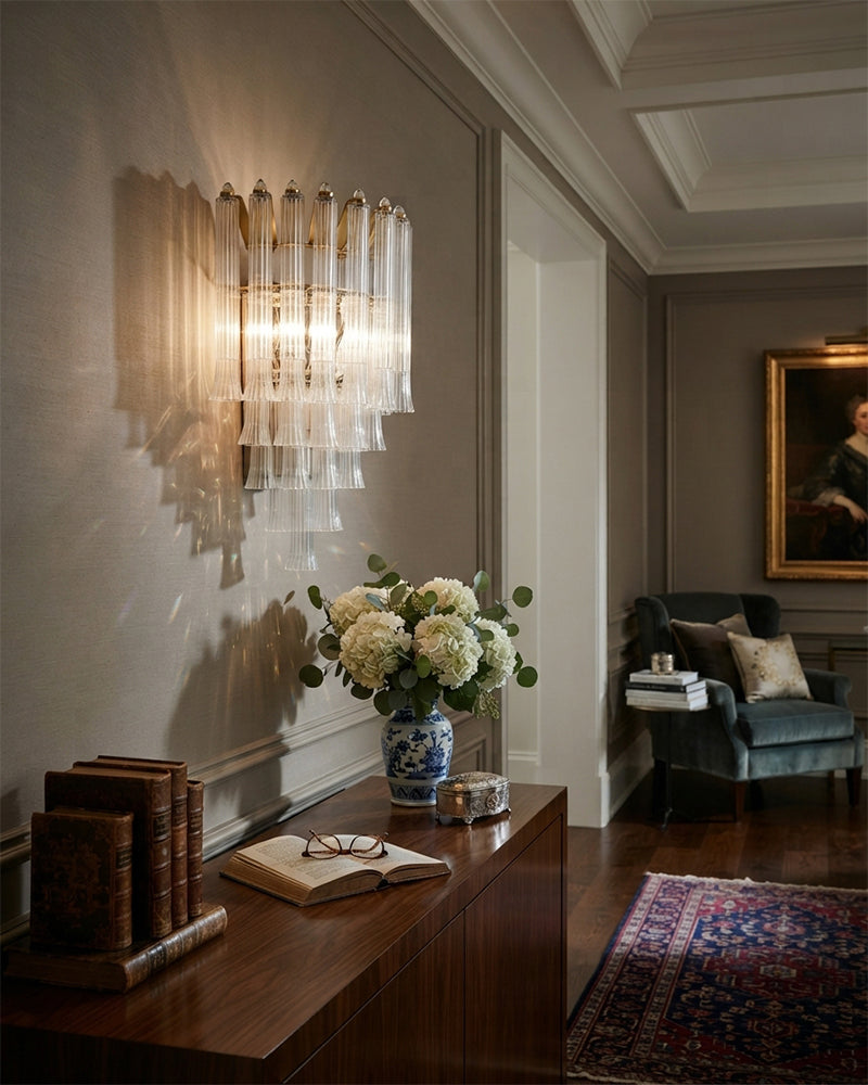 Bellagio Fluted Opal Glass Wall Light Sconce - Flush Mount, Lux Brass Trim - Bedrooms, Vanity & Bathrooms