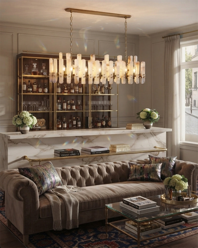 Zermatt Alabaster Staggered Oval Halo Linear Chandelier - Natural Spanish Alabaster, Serene Chrome Trim - Kitchen Islands & Dining Rooms