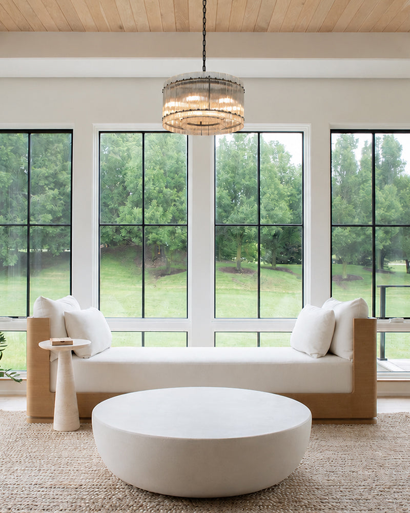 Val D’Isère Murano Glass Multi Tiered Fluted Glass Rod Waterfall Drum Chandelier - Lux Gold Trim - Living Rooms, Bedrooms, Dining Rooms