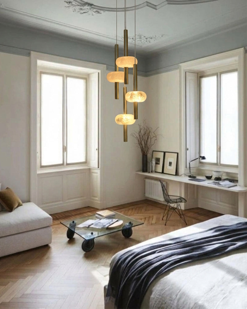 Alabaster Halo Disc Brass Tube Wind Chime Cluster Pendant Light - Natural Spanish Alabaster Discs, Serene Brass Trim - Kitchens, Dining & Living Rooms