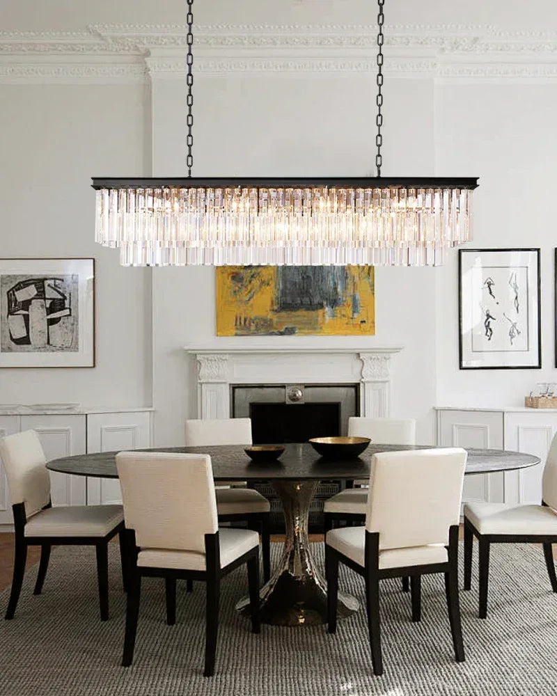LightsStory Series Prismatic Chandelier | Linear Multi-Crystal Multi-crystal droplets with iron frame, Brushed Gold for Dining rooms, entries, and living areas American Vintage chandelier lamp