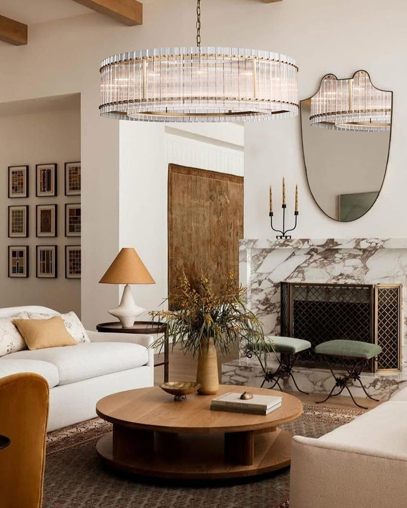 Val D’Isère Murano Glass Multi Tiered Fluted Glass Rod Waterfall Drum Chandelier - Lux Gold Trim - Living Rooms, Bedrooms, Dining Rooms