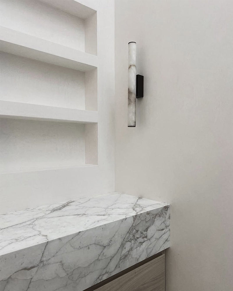 Callisto Linear Strip Long Wall Sconces Brass/Black Metal | Natural Marble Shade