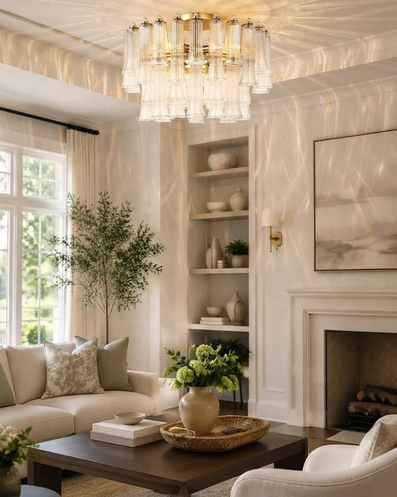 Bellagio Fluted Opal Glass Double Tier Ceiling Light - Semi Flush Mount, Lux Brass Trim - Bedrooms & Living Rooms