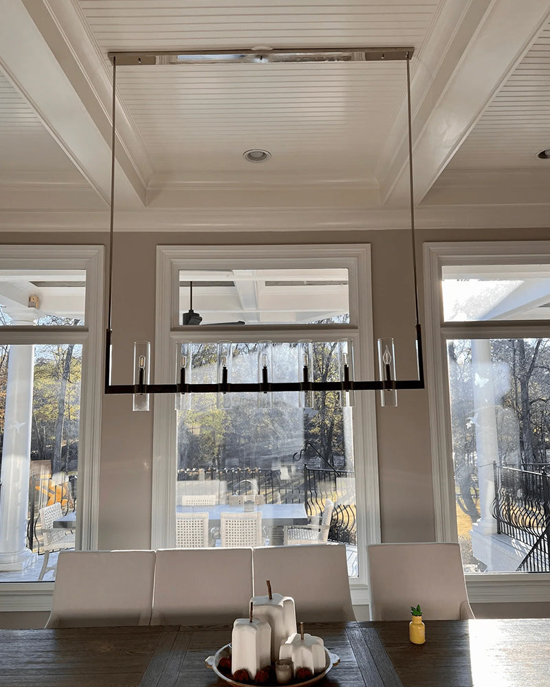 Glass Candle Cylinder Multi Light Linear Chandelier - Crystal Clear Glass, Serene Black Trim - Kitchen Islands & Dining Rooms