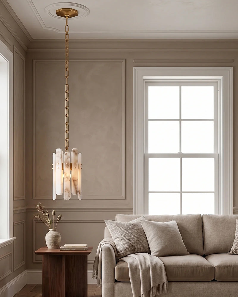 Zermatt Alabaster Staggered Halo Ring Chandelier - Natural Spanish Alabaster, Serene Chrome Trim - Living Rooms, Bedrooms, Dining Rooms