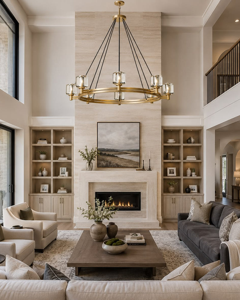 Mayfair K9 Crystal Gemstone Globe Halo Ring Chandelier - Crystal, Heritage Gold Trim - Living Rooms, Bedrooms, Dining Rooms