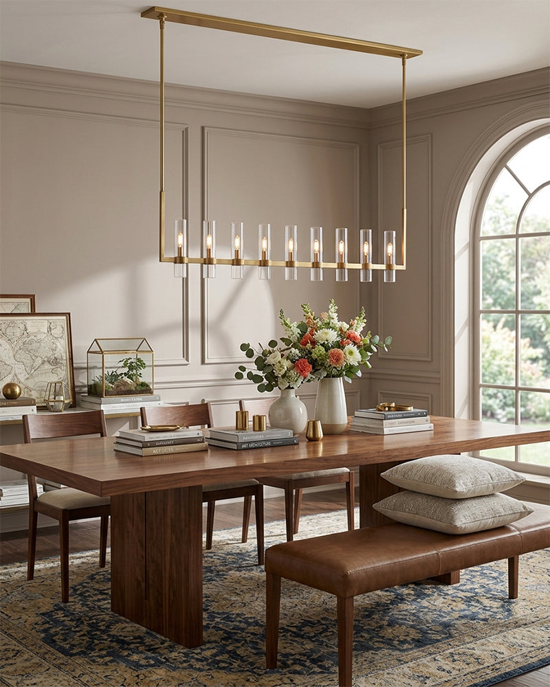 Glass Candle Cylinder Multi Light Linear Chandelier - Crystal Clear Glass, Serene Black Trim - Kitchen Islands & Dining Rooms