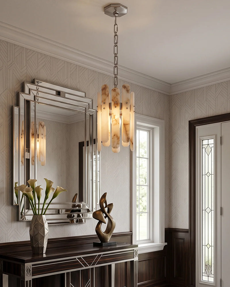 Zermatt Alabaster Staggered Halo Ring Chandelier - Natural Spanish Alabaster, Serene Chrome Trim - Living Rooms, Bedrooms, Dining Rooms