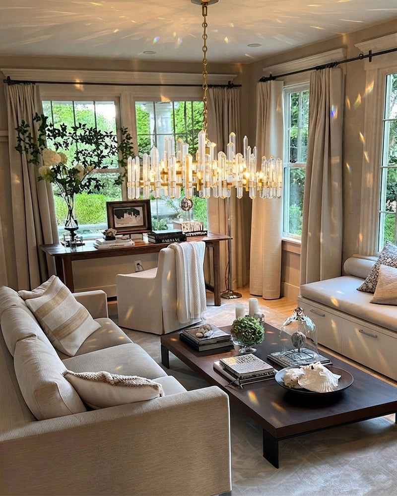 Zermatt K9 Crystal Staggered Flute Crown Chandelier - K9 Crystal, Serene Chrome Trim - Living Rooms, Bedrooms, Dining Rooms