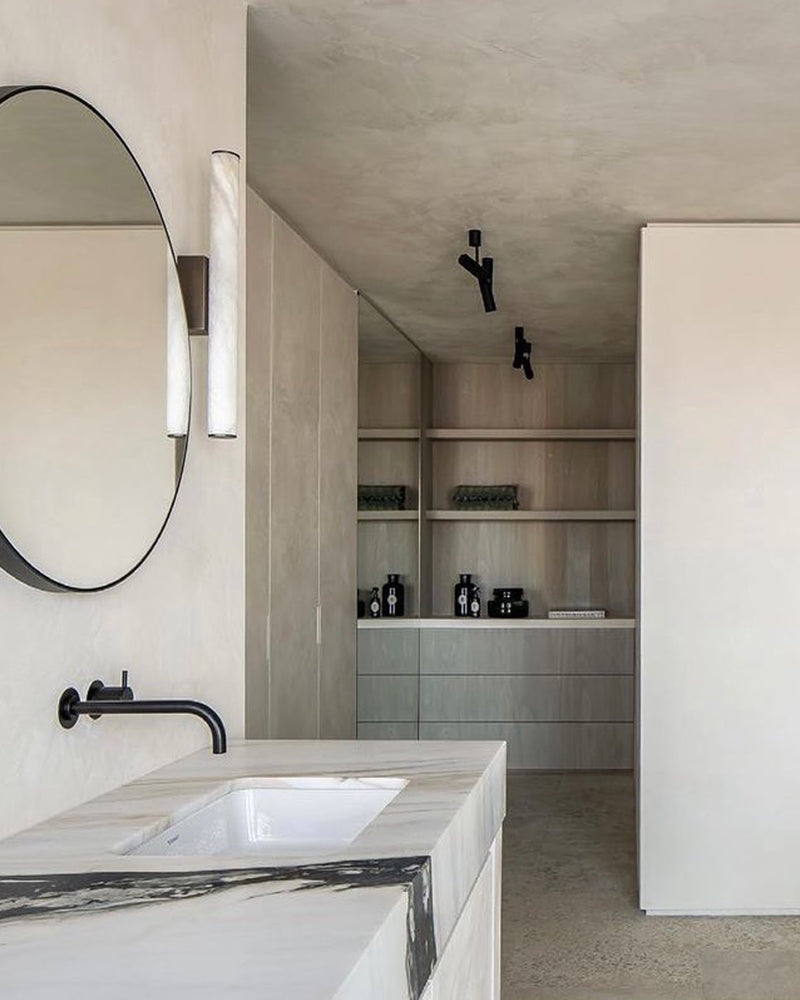 Callisto Linear Strip Long Wall Sconces Brass/Black Metal | Natural Marble Shade