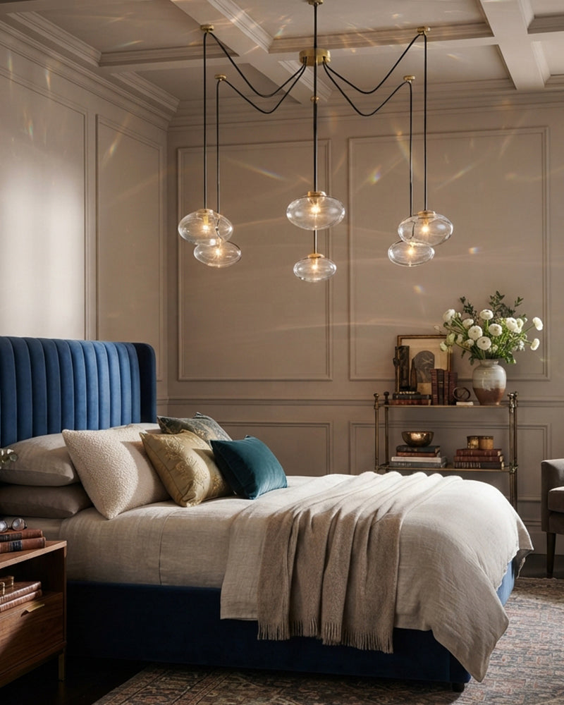 Clear Glass Floating Arm Globe Cascading Cluster Chandelier - Crystal Clear Glass, Lux Gold Trim - Living Rooms, Bedrooms, Dining Rooms