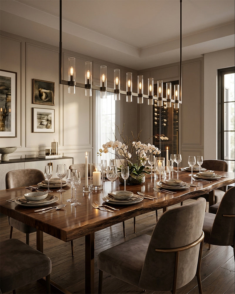 Glass Candle Cylinder Multi Light Linear Chandelier - Crystal Clear Glass, Serene Black Trim - Kitchen Islands & Dining Rooms