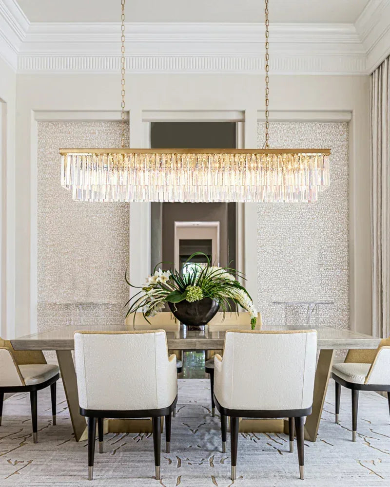 LightsStory Series Prismatic Chandelier | Linear Multi-Crystal Multi-crystal droplets with iron frame, Brushed Gold for Dining rooms, entries, and living areas American Vintage chandelier lamp