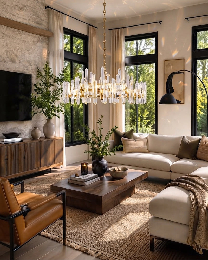 Zermatt K9 Crystal Staggered Flute Crown Chandelier - K9 Crystal, Serene Chrome Trim - Living Rooms, Bedrooms, Dining Rooms
