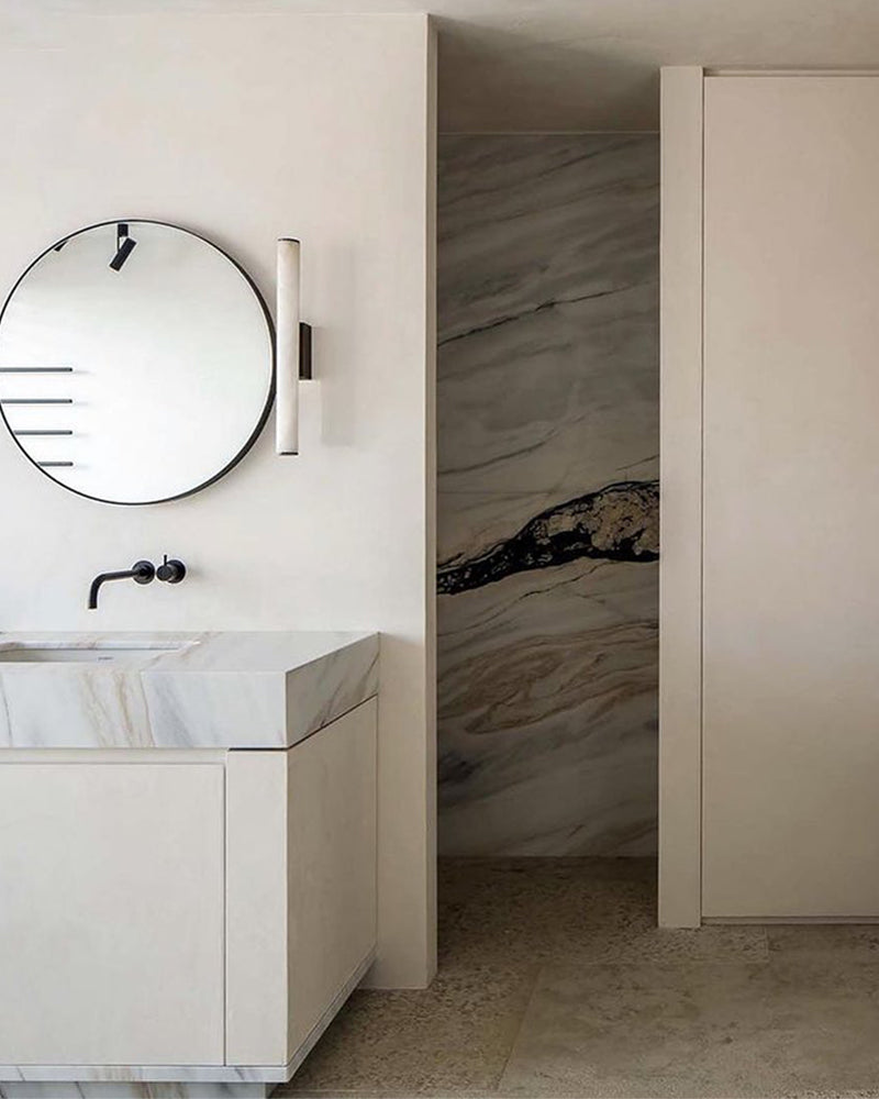 Callisto Linear Strip Long Wall Sconces Brass/Black Metal | Natural Marble Shade