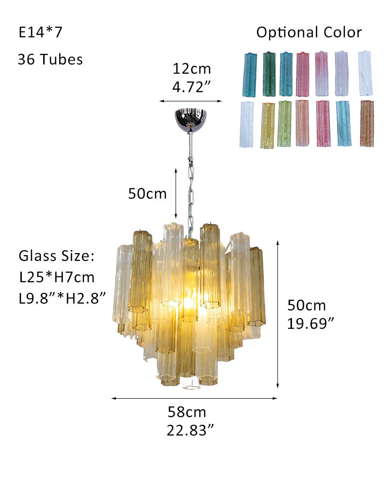 Fantastic Murano Amber Glass Tube Chandelier in Chrome & Golden Frame
