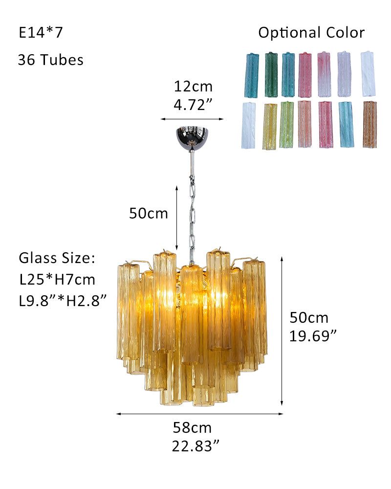 Fantastic Murano Amber Glass Tube Chandelier in Chrome & Golden Frame