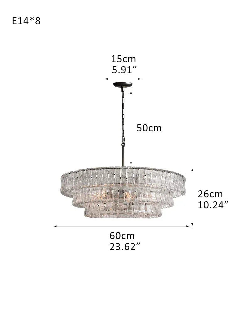 LightsStory Series Ethereal Chandelier | Tiered Round Textured Curved Glass and Aluminum Chain, Plated-Brass or Black Accents for Dining Rooms and Living Areas 3 tier-L60*H26CM L24"*H10"(E14*8) Black + Transparent Glass American chandelier
