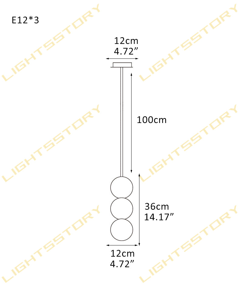 Technical dimension diagram of a hanging light fixture with three spherical bulbs, showing measurements of 100cm length, 12cm width, and 36cm for the bulb cluster, with LIGHTSSTORY watermarks across the image.