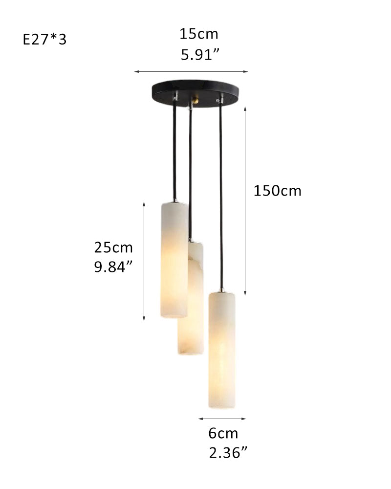 Dimensions of three cylindrical alabaster pendant lamps for modern interior design.