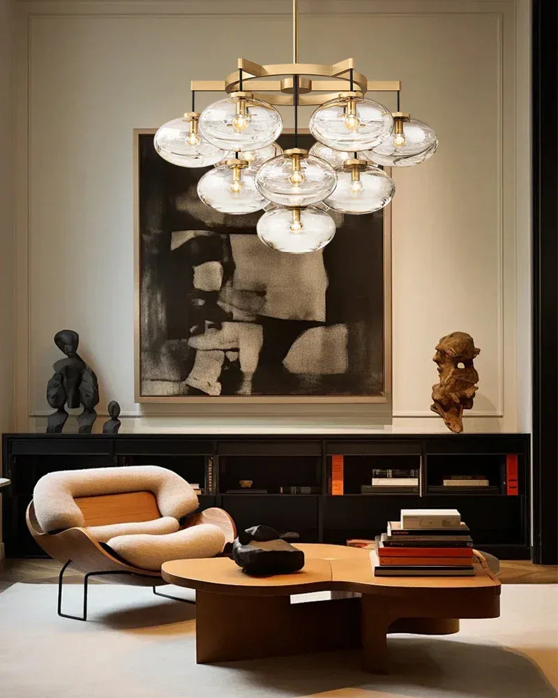 Vence Series Prismatic Chandelier | Round Clear Glass Shades with Freeform Black Cords, Polished canopy with black cord contrast for Living Rooms and Dining Areas American Vintage chandelier lamp