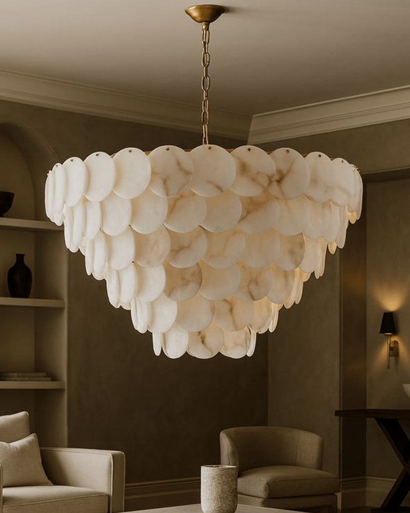 Modern Large Tier Alabaster Chandelier Wide 36" Lacquer Brass Metalwork for Foyer Decor