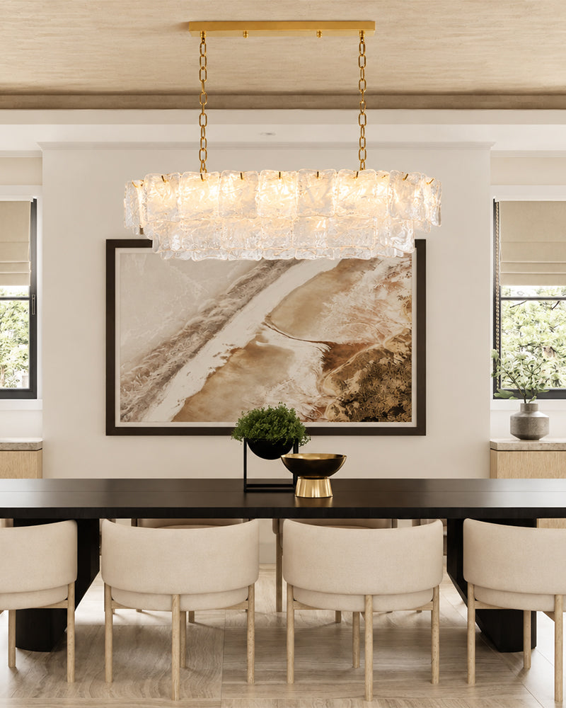 Chiara Murano Glass Contemporary Ethereal White Linear Chandelier - Lux Gold Trim - Kitchen Islands & Dining Rooms