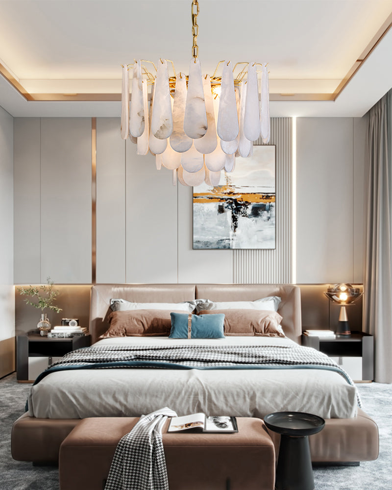 Elegant tiered raindrop chandelier in contemporary bedroom interior design