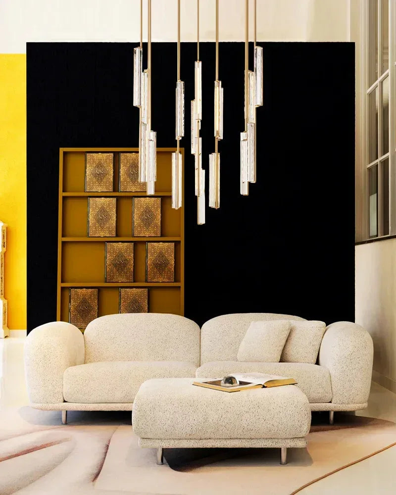 Valence Series Architectural Linear Chandelier | Triple Bar Prism Meticulously crafted clear prisms with vertical brass drops, Lacquered Burnished Brass and Black for Dining Rooms and Kitchen Islands American chandelier