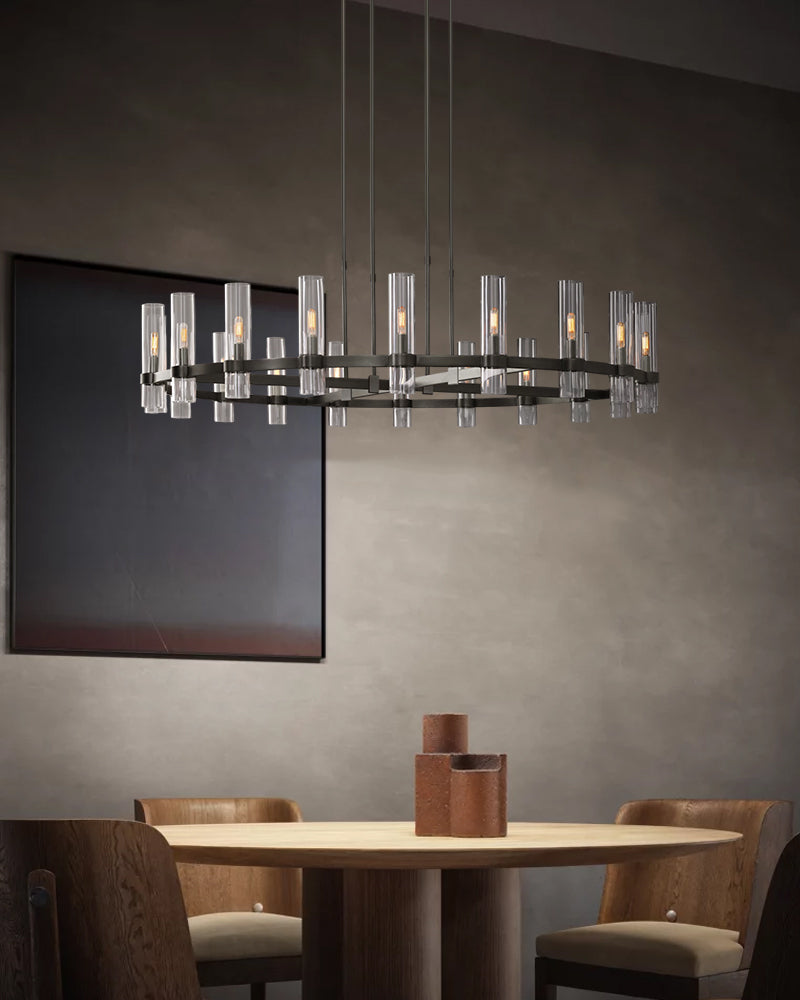 Lacquered Black/Brass Metalwork Linear Ravelle Clear Glass Chandelier Wide 54" 69" for dining room table