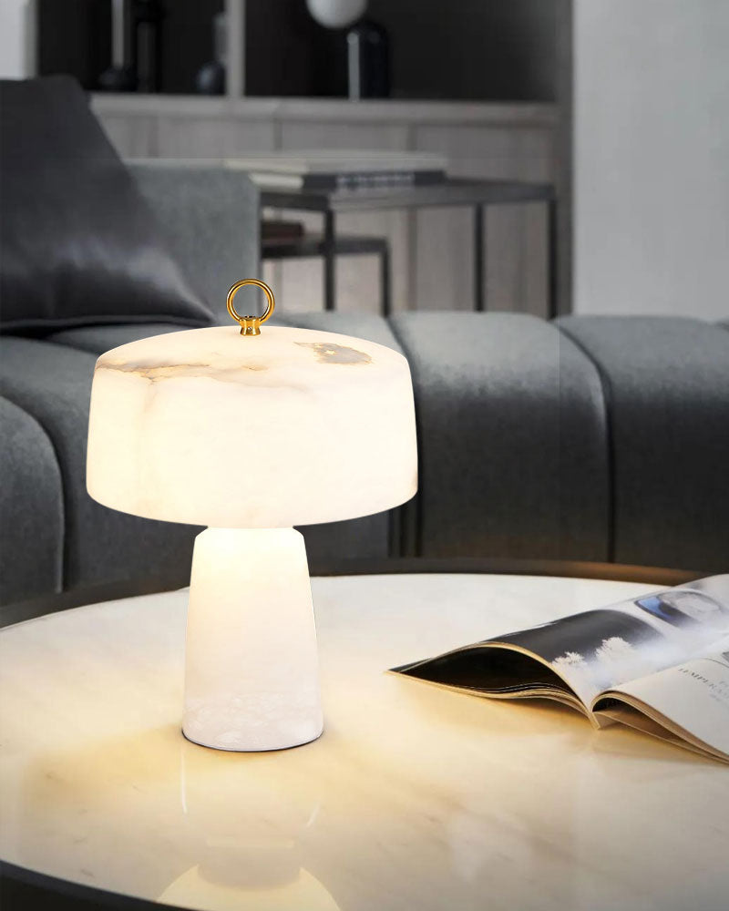 G9 natural cloud stone table lamp with copper accent on modern marble table