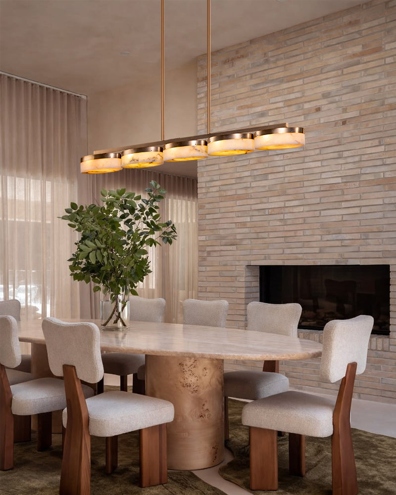 Alabaster Multi Disc Cluster Linear Pendant Light - Natural Spanish Alabaster, Lux Gold Trim - Kitchen Islands & Dining Rooms