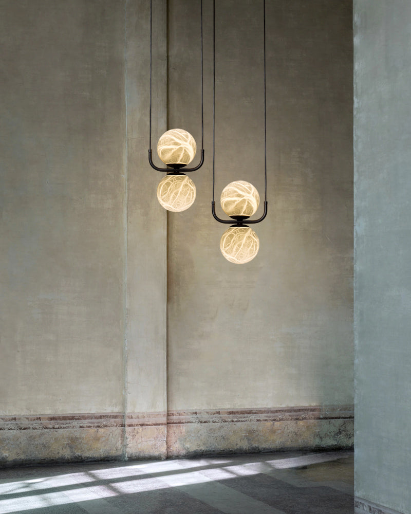 Alabaster Orb 3 Ring Chandelier in Black/Brass Framework | Modern Living Room