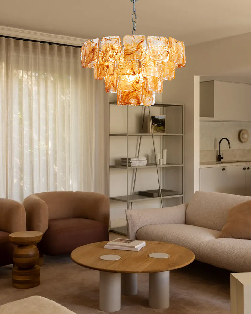 Murano Glass Amber Glow Circular Prism Multi Tiered Waterfall Chandelier - Handblown Glass, Brass Trim - Living Rooms, Dining Rooms & Bedrooms