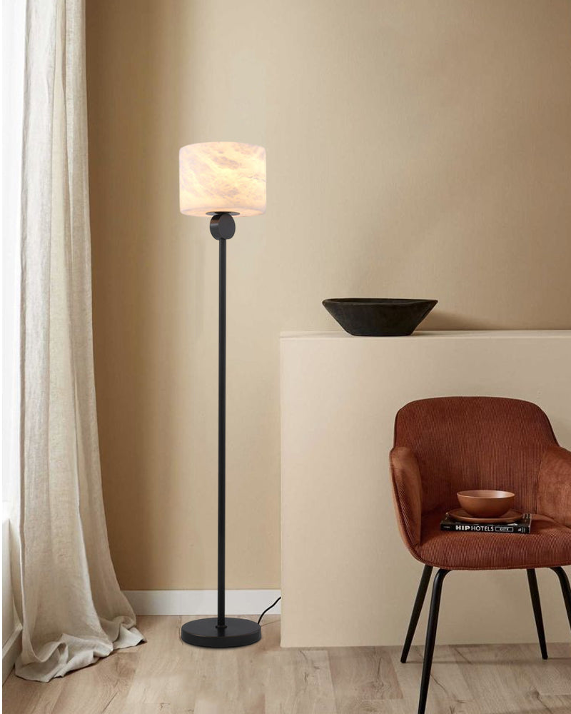 Alabaster Cube Headed Antique Stem Floor Lamp - Natural Spanish Alabaster, Serene Black Base - Bedroom & Living Rooms