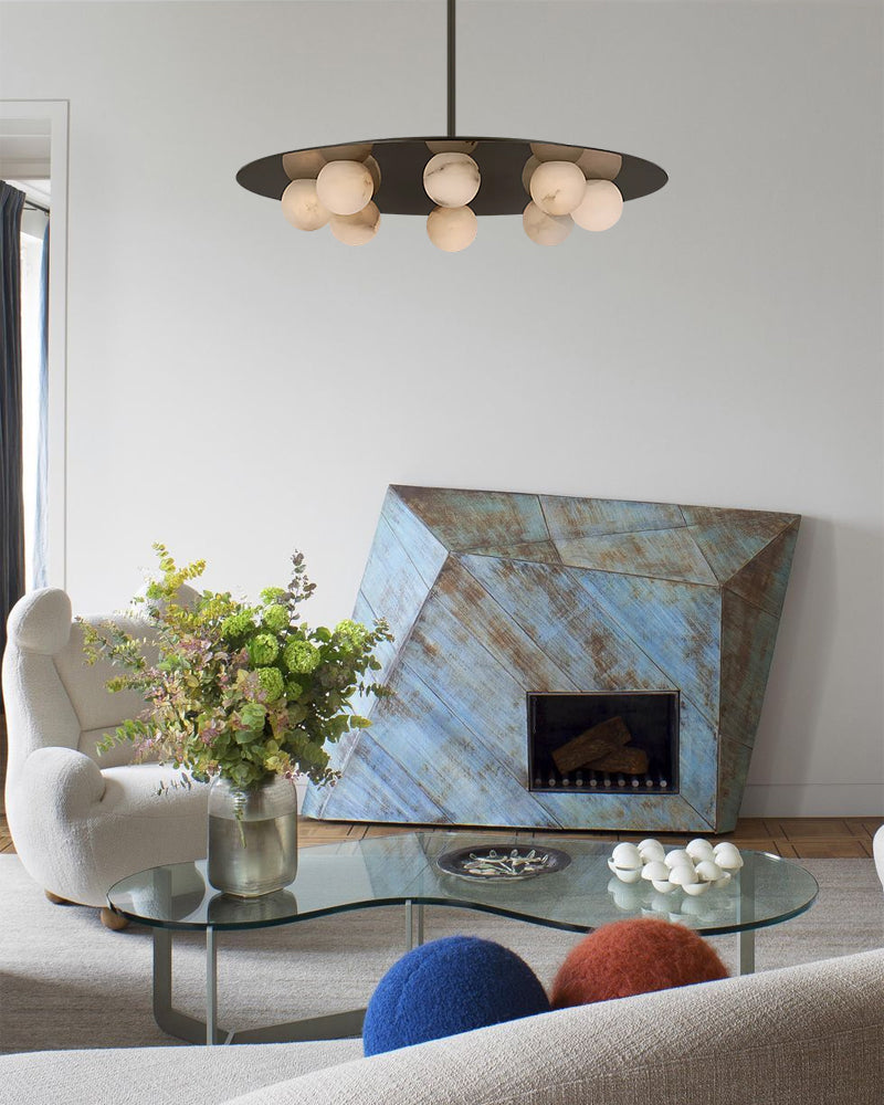 Alabaster Sphere Globes Gold Disc Canopy Pendant Light - Natural Spanish Alabaster Orbs, Lux Gold Trim - Kitchens, Dining & Living Rooms