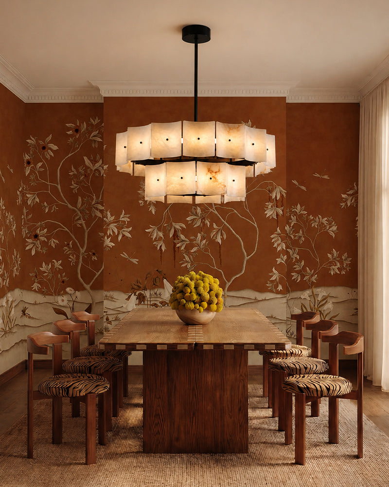 Alabaster Studded Curved Panel Double Tier Drum Chandelier - Natural Spanish Alabaster,  Serene Black Trim - Kitchen, Dining Rooms & Living Rooms