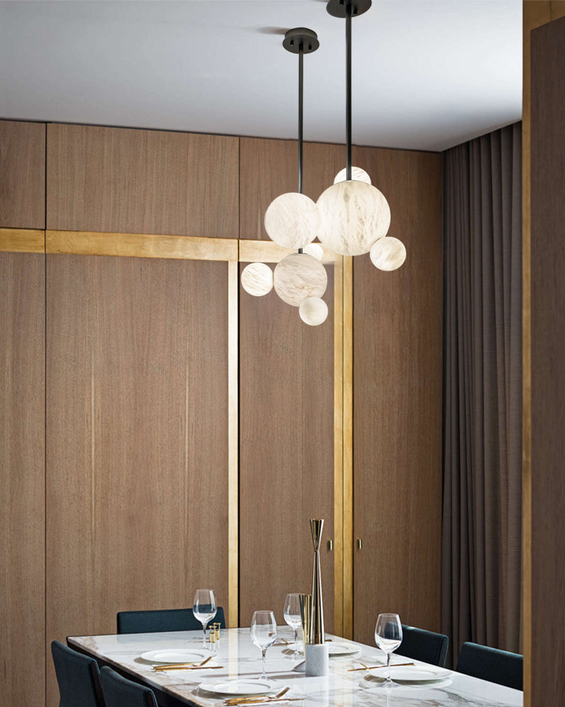 Cluster Alabaster Pendant Lamp with four different sizes of marble ball neatly supported on metal pole