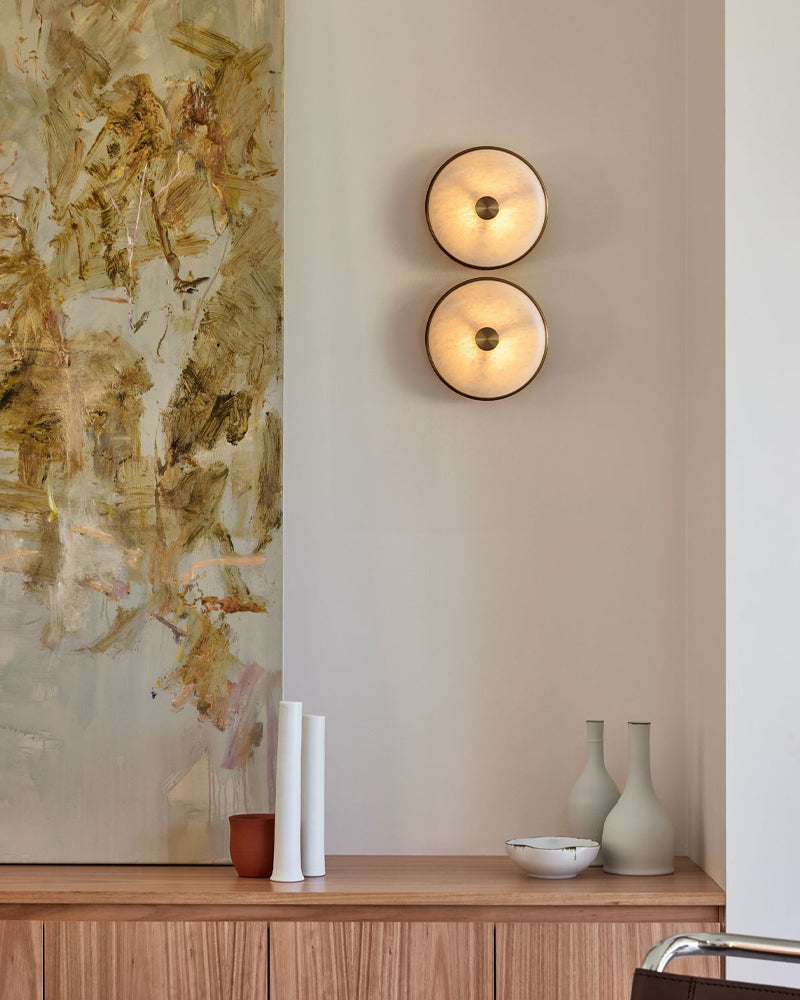 Lausanne Series Alabaster Wall Sconces | Nature Texture Round Sconces for Bathroom Bedroom Flush Mounted Wall Sconce Lamp