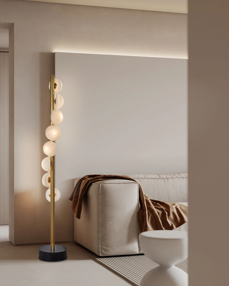 Vertical Brass skinny floor lamp with Alabaster Globes for bedroom, corridor, studying