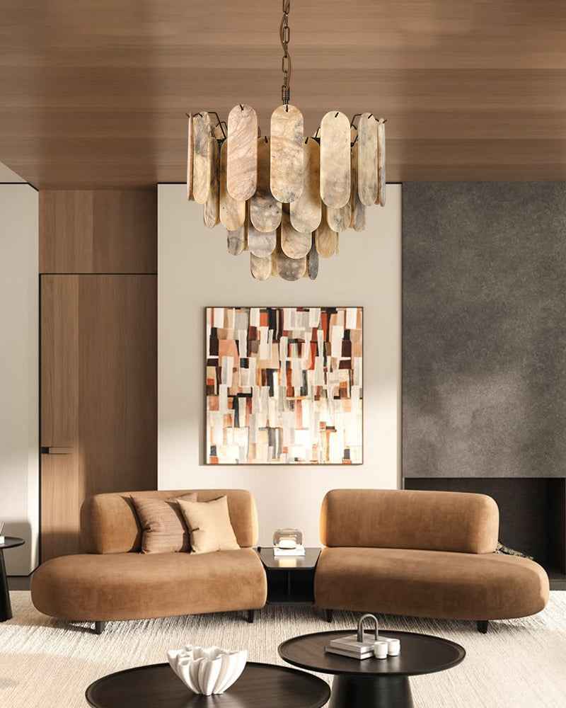 Alabaster Tiered Chandelier-Natural Stone Pendant Light Fixture-White and Brown (Copy)