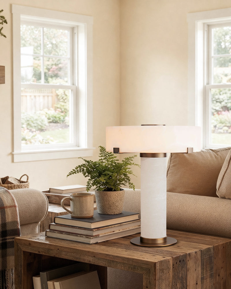 Ascot Series Architectural Table Lamp | Hand-Carved Column Natural Alabaster, Polished Brass and Black Accents for Contemporary Living Spaces Modern Table lamp