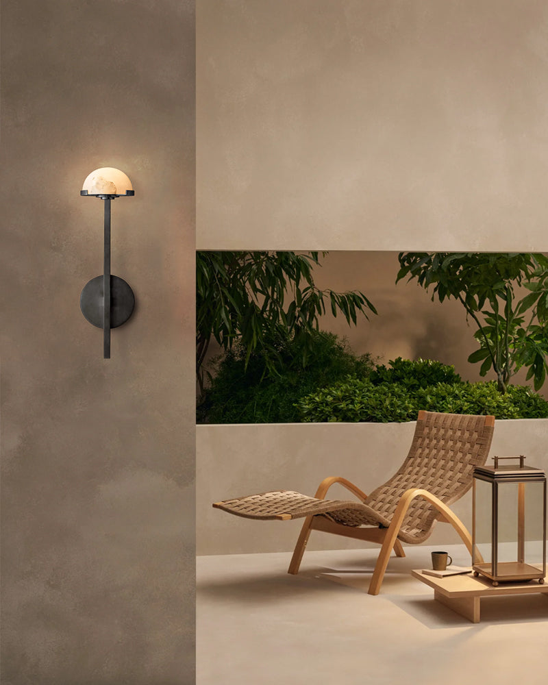 Comporta Series Geometric Wall Sconce | Sculptural Two-Tier Hand-Carved Natural Alabaster, Brass and Black finish for Living Rooms, Hallways, and Bedside Suites Flush Mounted Wall Sconce Lamp