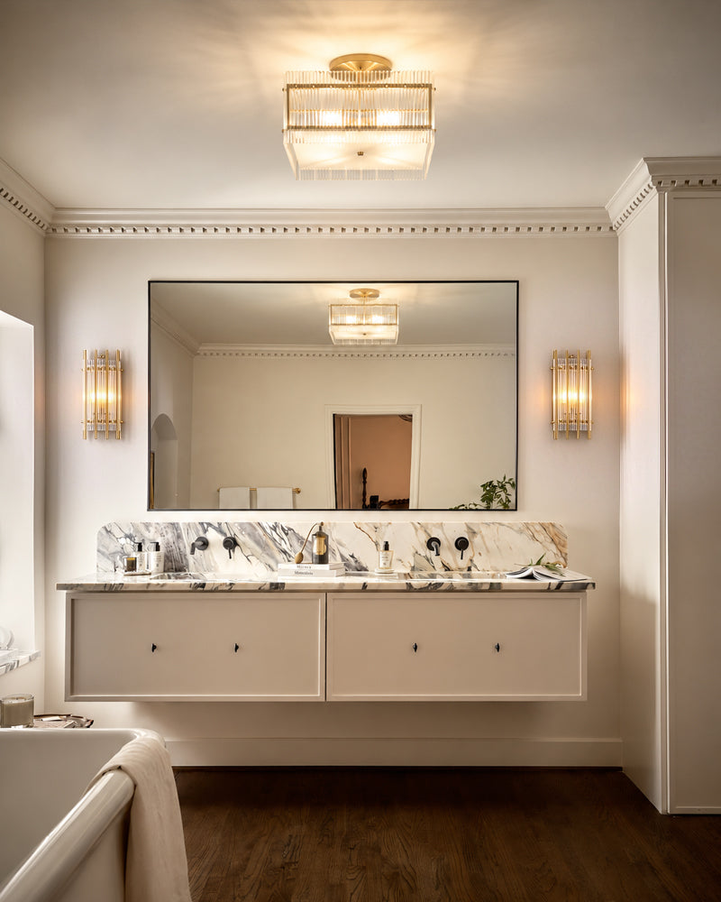 Solstice Aura Fluted Glass Square Ceiling Light - Semi Flush Mount, Lux Gold Trim - Living Rooms, Dining Rooms & Hallways