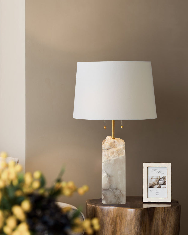 Square Raw White Alabaster Table Lamp with linen tapered shade for living room bedroom reading