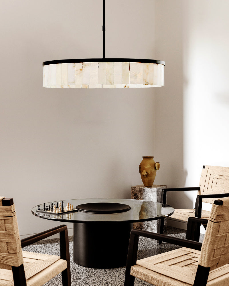 Handcrafted Windham Alabaster Tier Round Chandelier In Brass/Black Finish