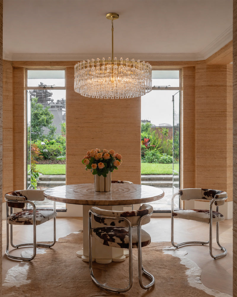 K9 Crystal Multi Tiered Concentric Glass Prism Linear Chandelier - Precision-Cut Crystal, Lux Gold Trim - Kitchen Islands & Dining Rooms